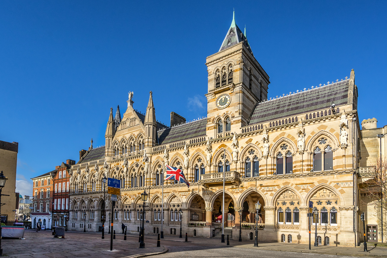 The historic Guildhall hall in the town of Northampton in England